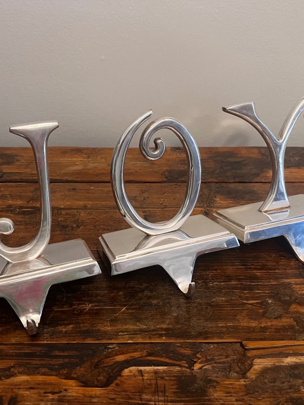 Vintage Pottery Barn JOY Stocking Holders Set of 3 | Heavy 2 lb Silverplate